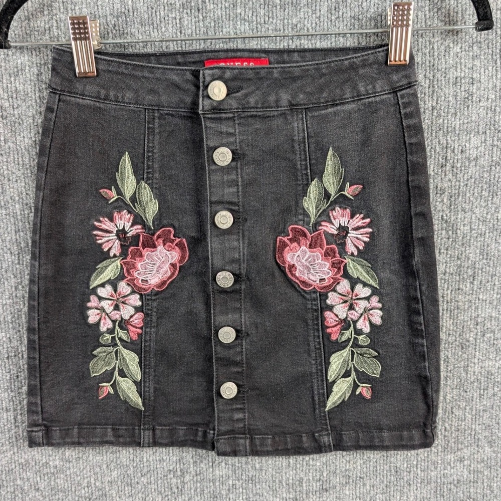 Guess Vintage Mini Skirt XS 90s Y2K Black Denim Floral Embroidered Dark Romantic